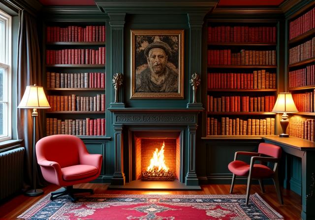 Biblioteca privata con camino nell'Appartamento Alighieri