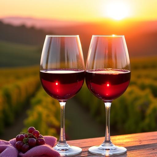 Calici di vino rosso con vista sulle vigne del Chianti