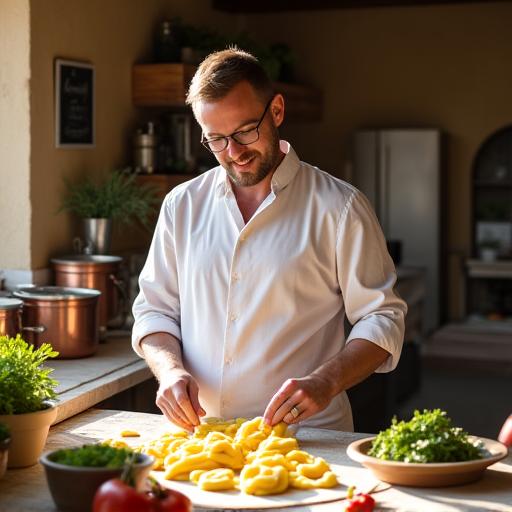 Chef che insegna a fare la pasta fresca a degli ospiti