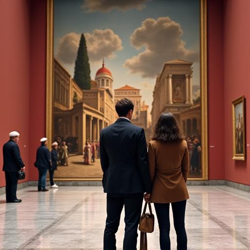 Coppia ammira un'opera d'arte in una sala vuota degli Uffizi